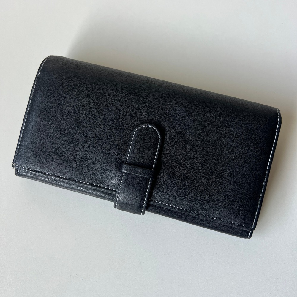 Black Genuine Leather Wallet Organizer Clutch Checkbook Holder - Picture 1 of 10